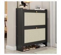 Zapatero moderno de madera negra independiente para entrada, 70 cm x 20 cm, 2 niveles con puertas correderas, estantes plegables, acabado semibrillante, solución de almacenamiento oculta fácil de