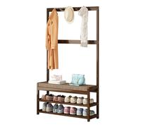 Zapatero multifuncional de madera maciza con cojines de algodón y lino, estante doble para zapatos con ganchos para entrada, pasillo, sala de estar (50 cm)