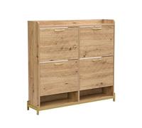 Zapatero plegable de 4 puertas con patas de metal y asas de filigrana para pasillo, pasillo o dormitorio, diseño que ahorra espacio con una construcción resistente y detalles sutiles (color madera)