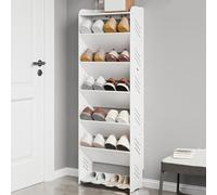 Zapatero que ahorra espacio, organizador de almacenamiento estrecho con deflector anticaídas, plástico de madera duradero, ideal para entrada, pasillo, sala de estar, dormitorio, 40 x 17 x 120 cm