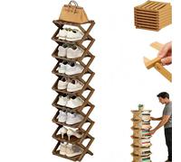 Zapatero vertical de 8 niveles sin montaje, organizador portátil plegable estrecho para entrada, armario y espacios pequeños, diseño natural resistente (marrón, 10 niveles)