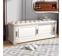 Zapatero vintage de madera maciza con banco de almacenamiento acolchado, zapatero de entrada de 51 pulgadas con puertas correderas, no necesita instalación para pasillo y sala de estar (blanco)