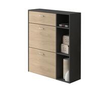 Skraut Home | Armario Zapatero | 102 x 90 x 26 cm | Capacidad para 12 Pares de Zapatos | 2 Puertas Basculantes + 1 Cajón | Modelo Wind | Acabado Gris/Roble