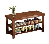 Zapatero y banco de bambú de 3 niveles, elegante entrada de nogal con taburete tallado, 58 x 27 x 45 cm, solución ideal para sala de estar y pasillo, y diseño que ahorra espacio