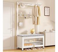 Zapatero y perchero independiente 4 en 1 con puertas acrílicas, barra colgante y 8 ganchos para entrada, dormitorio u oficina organizada