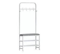 Zapatero y perchero para pasillo con banco de almacenamiento, muebles de entrada con marco de metal en color blanco, 60 x 25 x 170 cm