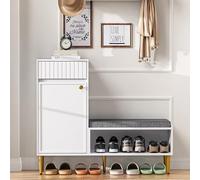 Zapatero, zapatero, almacenamiento para zapatos, con asiento de tela de algodón y lino, zapatero con banco, 1 puerta, 1 cajón, 1 estante abierto, 100 × 35 × 82.2 cm (blanco)