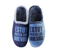 Zapatillas casa, comodas, con pelo y originales para regalo, con mensaje. Estoy hasta los huevos. Zapatillas de casa Españolas, materiales primera calidad.