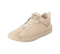 Zapatillas casuales para hombre, de piel sintética, con cordones, con correa de , cosidas a mano, zapatos planos para uso diario, beige, 38.5 EU