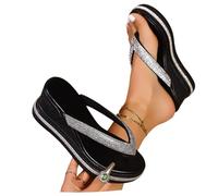 Zapatillas Con Purpurina for Mujer Sandalias De Dedos Retro Chanclas De Novia Con Pedrería Pantuflas Cómodas Con Puntera Con Clip Sandalias De Cuña Zapatos De Playa Bohemios Casuales(Black,36 EU)