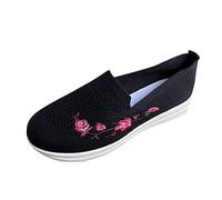 Zapatillas de ajuste ancho para mujer, a la moda, color sólido, transpirable, malla de punto, bordada, decorativa, parte inferior plana, zapatos deportivos casuales, Black, 39.5 EU x-estrecho