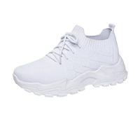 Zapatillas de deporte para mujer, color beige, ergonómicas, suela suave, zapatos para caminar, informales, cómodos, ortopédicos, planos, monocolor, con cordones, zapatillas deportivas, Blanco, 41 EU