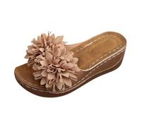 Zapatillas de estar por casa para mujer, de verano, abiertas, de piel, elegantes, con cuña, plataforma, para el tiempo libre, cómodas, resistentes al desgaste, resistentes al desgaste, caqui, 36 EU