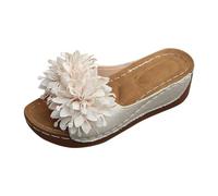 Zapatillas de estar por casa para mujer, de verano, abiertas, de piel, elegantes, con cuña, plataforma, para el tiempo libre, cómodas, resistentes al desgaste, resistentes al desgaste, beige, 37 EU