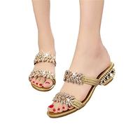 Zapatillas De Moda con Tacones De Bloque Sandalias Brillantes De Mujer con Pedrería Slippers Peep Toe De Verano Elegantes Pantuflas De Cuero PU for Novia Zapatos De Playa Bohemios (Color : Gold, Siz