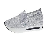 Zapatillas de moda para mujer, con lentejuelas, cuña, de malla, transpirables, transpirables, de tela, antideslizantes, para caminar, con flores, para correr, con purpurina, plata, 39 EU