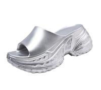 Zapatillas de mujer con parte inferior gruesa de una palabra, para verano, antideslizantes, plateadas, transpirables, color sólido, sandalias de punta abierta, zapatos para caminar, Silver, 36 EU