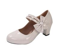 Zapatillas de mujer con tacón pequeño alto alto talón cómodo punta redonda Mary Janes zapatos mujer talón bloque brida tobillo bombas para oficina, fiesta y diario, beige, 38 EU