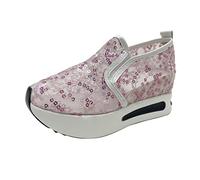Zapatillas de mujer de encaje bordadas, plataforma deportiva, cuña básica, transpirables, mallas, para verano, boda, caminata, casual, transpirables, para correr, fiestas, Rosa, 38 EU