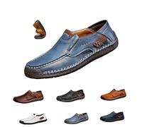 Zapatillas de piel para hombre, sin cordones, estilo vintage, ligeras, cómodas, planas, mocasín, informales, hechas a mano, 2026, azul claro, 37 EU