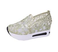 Zapatillas de plataforma de encaje para mujer, zapatos de cuña de malla transpirable, tenis de moda con lentejuelas con purpurina con suela acolchada, zapatos de vestir casuales ligeros para mujer