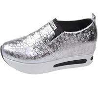 Zapatillas de Plataforma para Mujer con Piel de Serpiente Moda Brillante y llamativa Zapatillas de Tenis Bajas y Brillantes Puntera Redonda sin Ccordones Zapatos Clásicos para Caminar(Silver,35 EU)