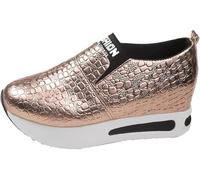 Zapatillas de Plataforma para Mujer con Piel de Serpiente Moda Brillante y llamativa Zapatillas de Tenis Bajas y Brillantes Puntera Redonda sin Ccordones Zapatos Clásicos para Caminar(Gold,38 EU)