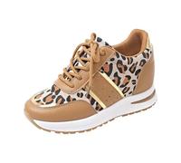 Zapatillas de tacón alto para mujer, de cuero, con plataforma, gruesas, con cordones, para aumentar la altura, cómodas, correr, caminar, tenis, zapatos casuales de moda con estampado de leopardo