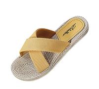 Zapatillas de verano de un solo color, con tiras cruzadas, de lino, de punto, planas, para el tiempo libre, de verano, sandalias de playa, antideslizantes, de secado rápido, amarillo, 38 EU