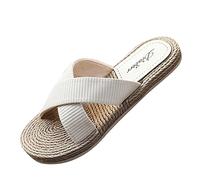 Zapatillas de verano de un solo color, con tiras cruzadas, de lino, de punto, planas, para el tiempo libre, de verano, sandalias de playa, antideslizantes, de secado rápido, beige, 38 EU