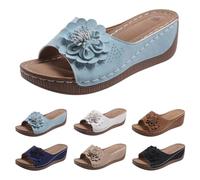 Zapatillas de verano elegantes ortopédicas para mujer, con plantilla, planas, para jardín, flores, plataforma, tacón de cuña, sandalias transpirables de verano, azul celeste, 39 EU