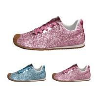 Zapatillas deportivas con purpurina para mujer, con cordones, ligeras, metálicas, con lentejuelas, de caña baja, informales, planas, cómodas, acolchadas, para caminar, Pink, 39 EU