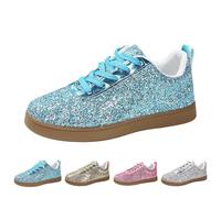 Zapatillas deportivas con purpurina para mujer, con cordones, ligeras, metálicas, con lentejuelas, de caña baja, informales, planas, cómodas, acolchadas, para caminar, Blue, 38 EU