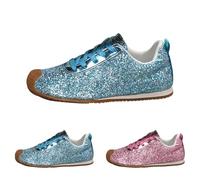 Zapatillas deportivas con purpurina para mujer, con cordones, ligeras, metálicas, con lentejuelas, de caña baja, informales, planas, cómodas, acolchadas, para caminar, Blue, 36.5 EU