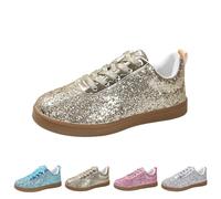 Zapatillas deportivas con purpurina para mujer, con cordones, ligeras, metálicas, con lentejuelas, de caña baja, informales, planas, cómodas, acolchadas, para caminar, Gold, 36.5 EU
