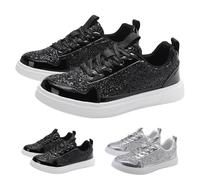 Zapatillas deportivas con purpurina para mujer, con cordones, ligeras, metálicas, con lentejuelas, parte superior baja, informales, planas, cómodas, acolchadas, para caminar, Black, 39 EU