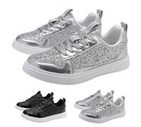 Zapatillas deportivas con purpurina para mujer, con cordones, ligeras, metálicas, con lentejuelas, parte superior baja, informales, planas, cómodas, acolchadas, para caminar, Silver, 39.5 EU