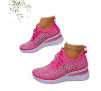Zapatillas deportivas de cuña transpirables con diamantes de imitación brillantes para mujer, zapatos deportivos de malla con cordones, zapatos para caminar brillantes, rosa roja, 43 EU