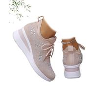 Zapatillas deportivas de cuña transpirables con diamantes de imitación brillantes para mujer, zapatos deportivos de malla con cordones, zapatos para caminar brillantes, Pink, 43 EU