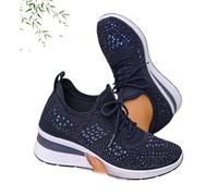 Zapatillas deportivas de cuña transpirables con diamantes de imitación brillantes para mujer, zapatos deportivos de malla con cordones, zapatos para caminar brillantes, azul oscuro, 43 EU