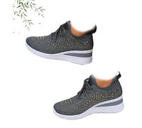 Zapatillas deportivas de cuña transpirables con diamantes de imitación brillantes para mujer, zapatos deportivos de malla con cordones, zapatos para caminar brillantes, gris, 43 EU