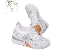 Zapatillas deportivas de cuña transpirables con diamantes de imitación brillantes para mujer, zapatos deportivos de malla con cordones, zapatos para caminar brillantes, White, 43 EU