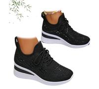Zapatillas deportivas de cuña transpirables con diamantes de imitación brillantes para mujer, zapatos deportivos de malla con cordones, zapatos para caminar brillantes, Black, 43 EU