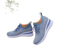 Zapatillas deportivas de cuña transpirables con diamantes de imitación brillantes para mujer, zapatos deportivos de malla con cordones, zapatos para caminar brillantes, Blue, 43 EU
