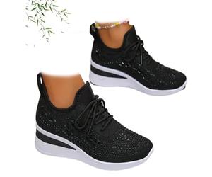 Zapatillas deportivas de cuña transpirables con diamantes de imitación brillantes para mujer, zapatos deportivos de malla con cordones, zapatos para caminar brillantes, Black, 43 EU