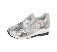 Zapatillas deportivas para mujer, con purpurina, inserciones de gamuza, zapatillas de deporte, sin cordones, Slip on à Enfiler Punta Redonda, Cuello bajo, Zapatos de danza Oisirs Marche diario, Plata