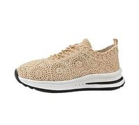 Zapatillas Flying Weaving para mujer, a la moda, con cordones, cabeza redonda, zapatos casuales, zapatos de correr con suela gruesa, beige, 40 EU
