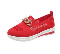 Zapatillas Moda Plataforma para Mujer Malla Informal Transpirable Diseño Cadena Metal Aire Punta Inferior Gruesa Tacones Altos Parte Superior Baja Zapatos Lona Zapatos Planos Sin Cordones Mocasines(Ro