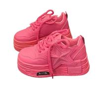 Zapatillas para mujer, suela de plataforma gruesa, zapatillas de mujer, planas, de piel, con cordones, inserción de estrella lateral, punta redonda, cuello bajo, línea urbana estructurada para ocio