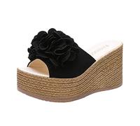 Zapatillas Playa Barefoot De Casa Suaves Sandalias De Estilo con Flores Grandes Informales A La Fondo Grueso Y TacóN para Mujer Zapatillas Mujer Verano Comodas Playa Barefoot (Black, 39)